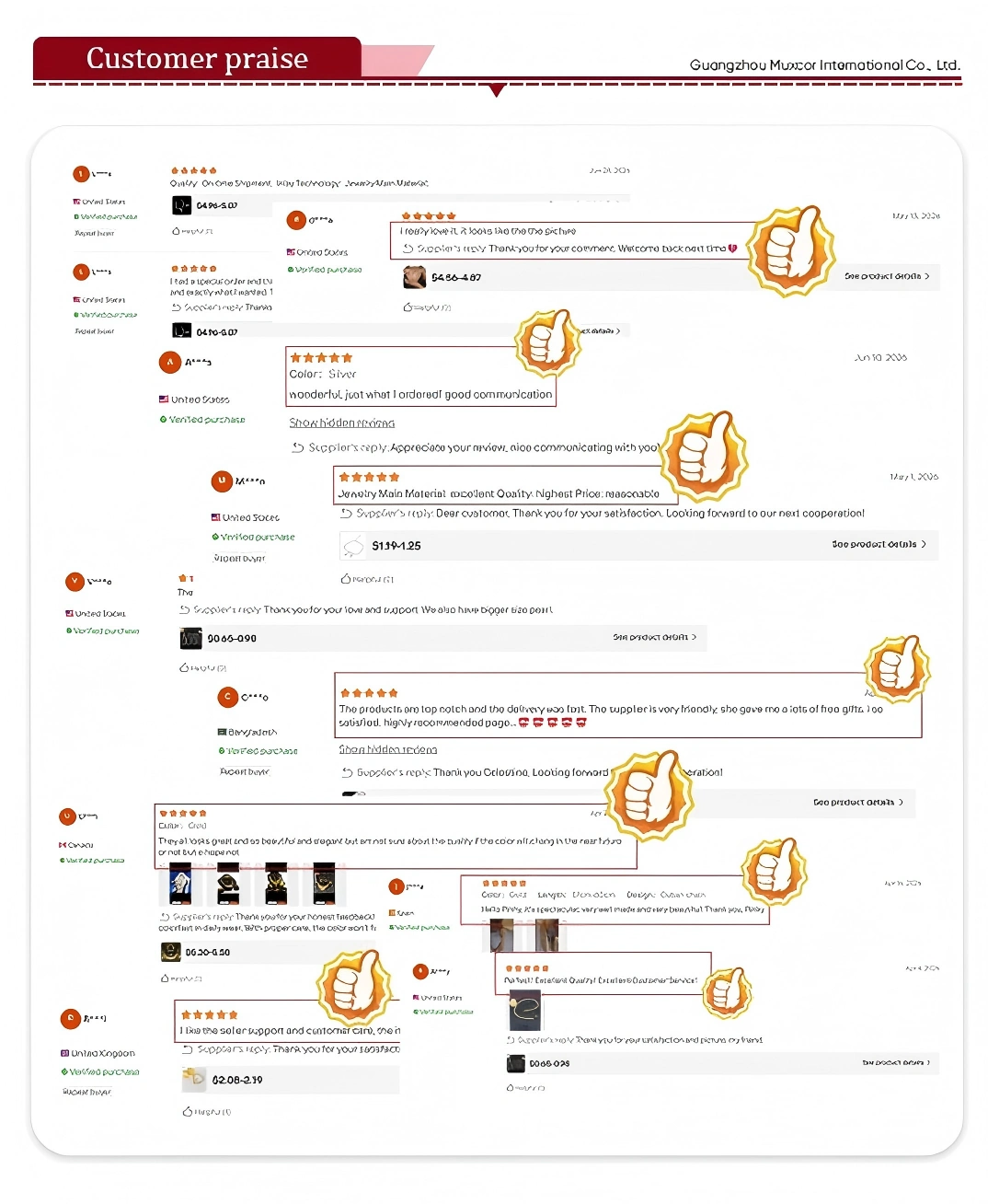 Customer review highlights for Muxcor jewelry orders
