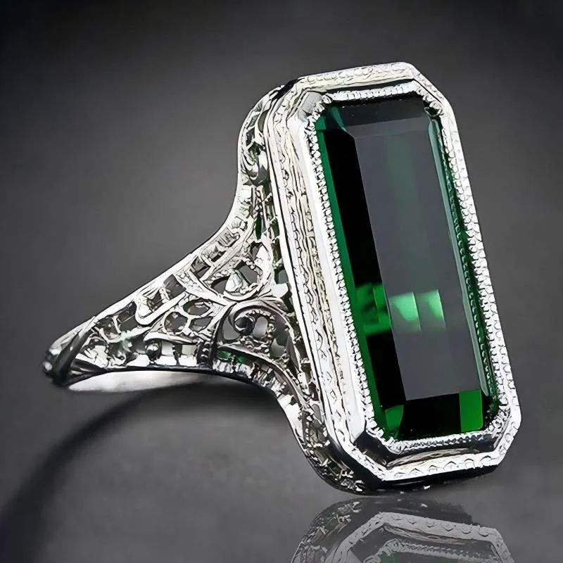 Designer Gemstone Rings Luxury square Grandmother Green Zircon Hip Hop Rings Copper Alloy Silver Color Men Engagement Ring view 2