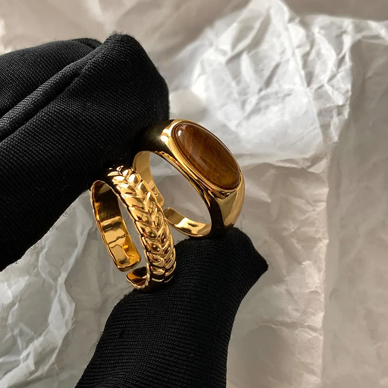 Customizable French Retro Geometric Tiger Eye Gold Plated Copper Material Wedding Fine Jewelry Rings for Girls Women Party Gift view 3