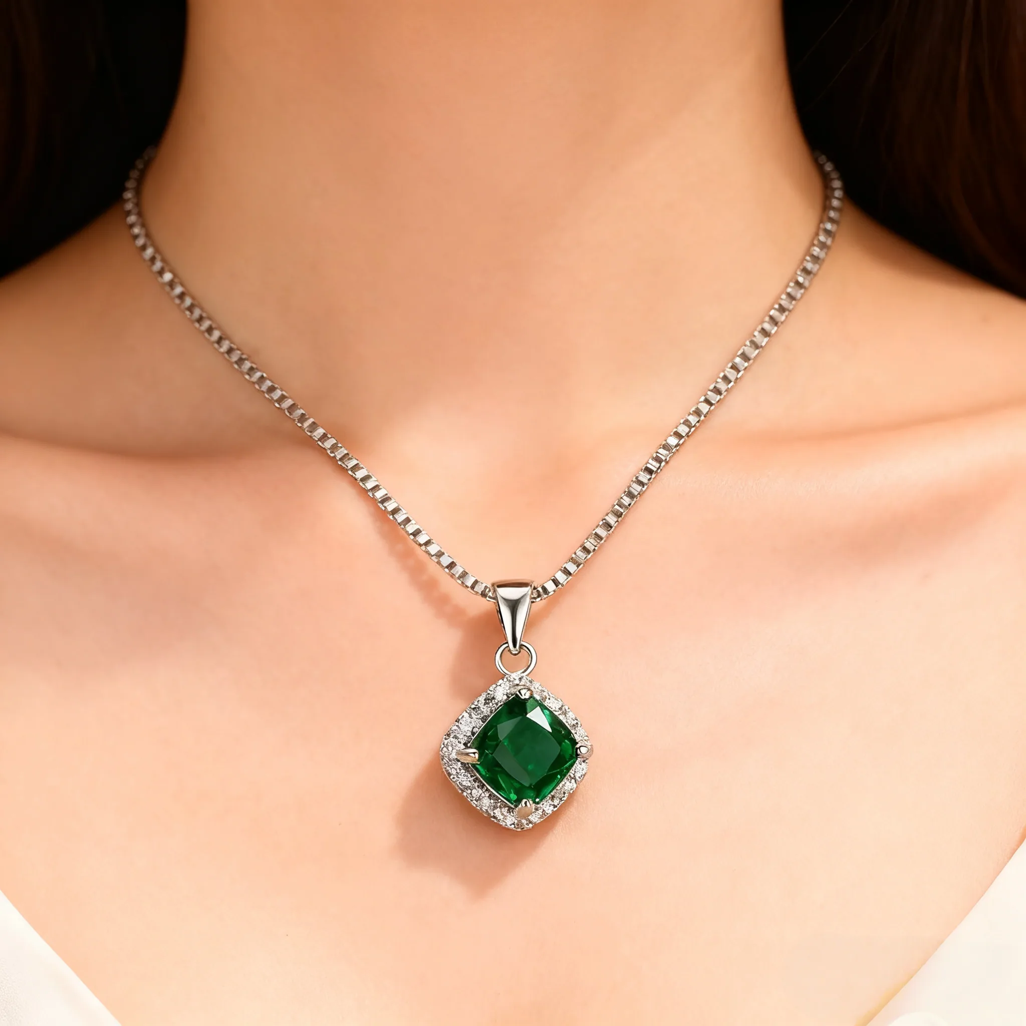 Exquisite Women Necklace Square Emerald Pendant Sparkling Cubic Zirconia Surround Elegant Silver Plated Chain Party Daily Wear view 3