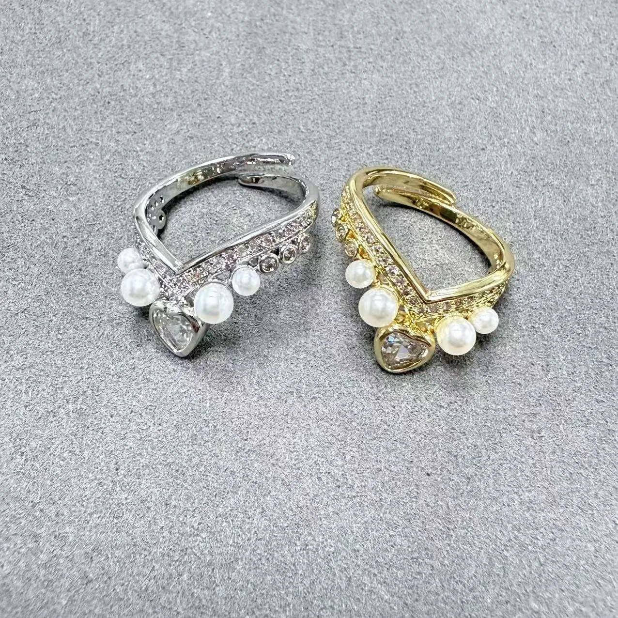 Custom Jewelry Heart Cubic Zirconia Pearl V-shaped Elegant Rings Dainty Silver Gold Plated Adjustable Rings for Women