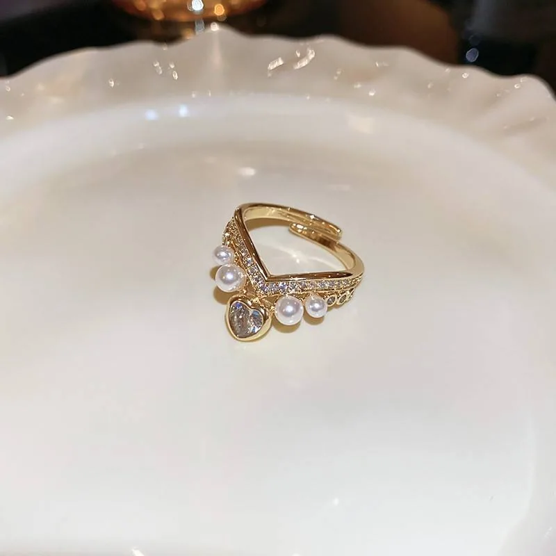 Custom Jewelry Heart Cubic Zirconia Pearl V-shaped Elegant Rings Dainty Silver Gold Plated Adjustable Rings for Women view 2