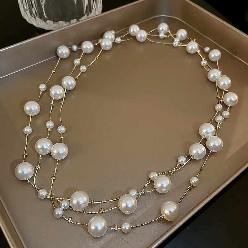 Wholesale Gold Plated Imitation Pearl Long Necklace Copper Multi Strand Layered Wedding Elegant Trendy Bridal Jewelry for Women