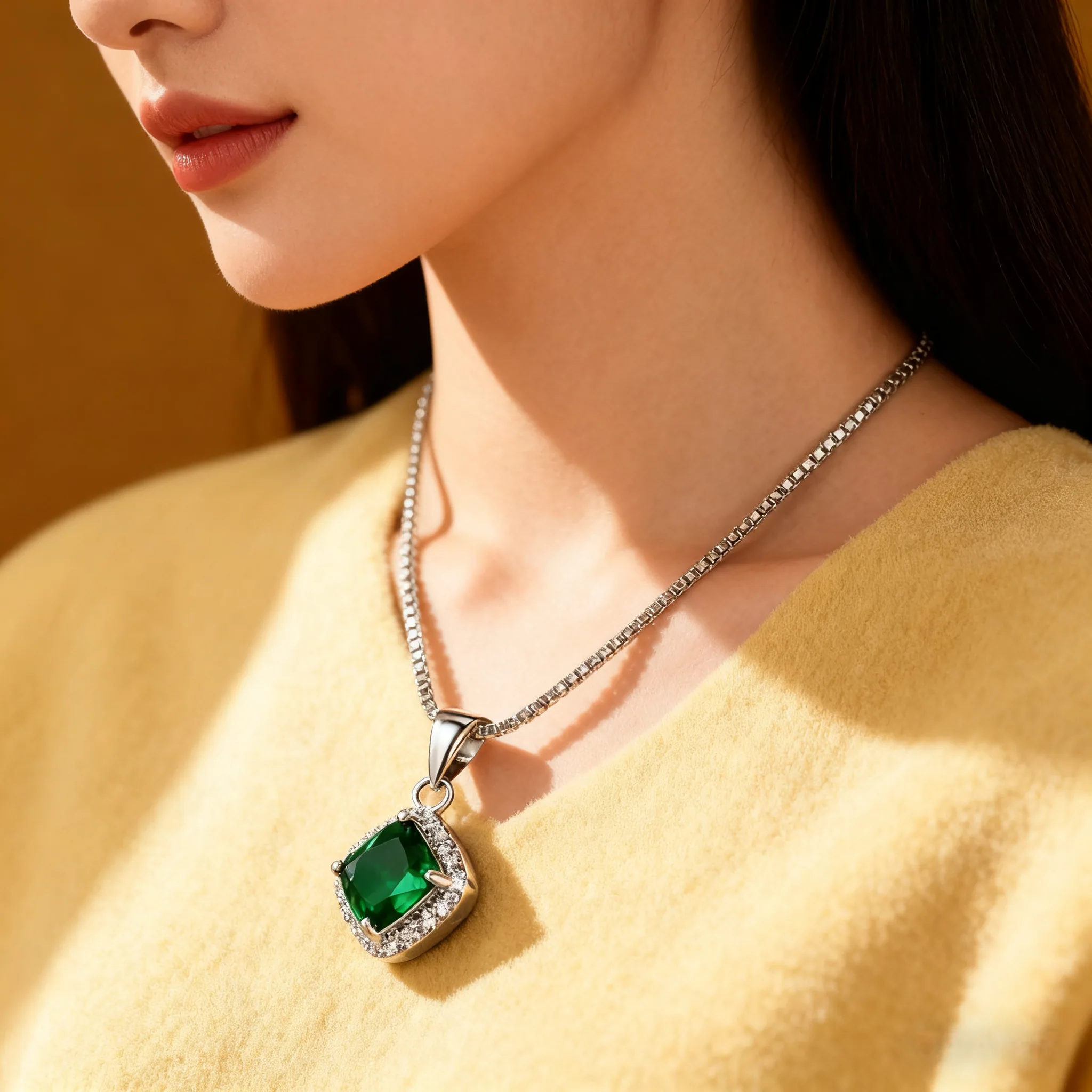 Exquisite Women Necklace Square Emerald Pendant Sparkling Cubic Zirconia Surround Elegant Silver Plated Chain Party Daily Wear