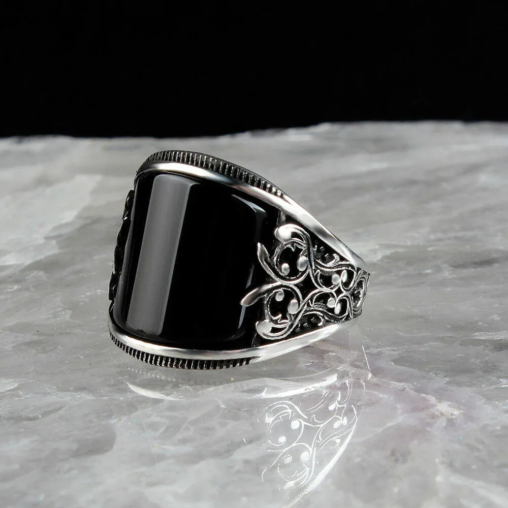 Wholesale Custom Designer Luxury Obsidian Hip Hop Gemstone Rings Vintage Jewelry Islamic Turkish Black Punk Rings for Men Gift view 2