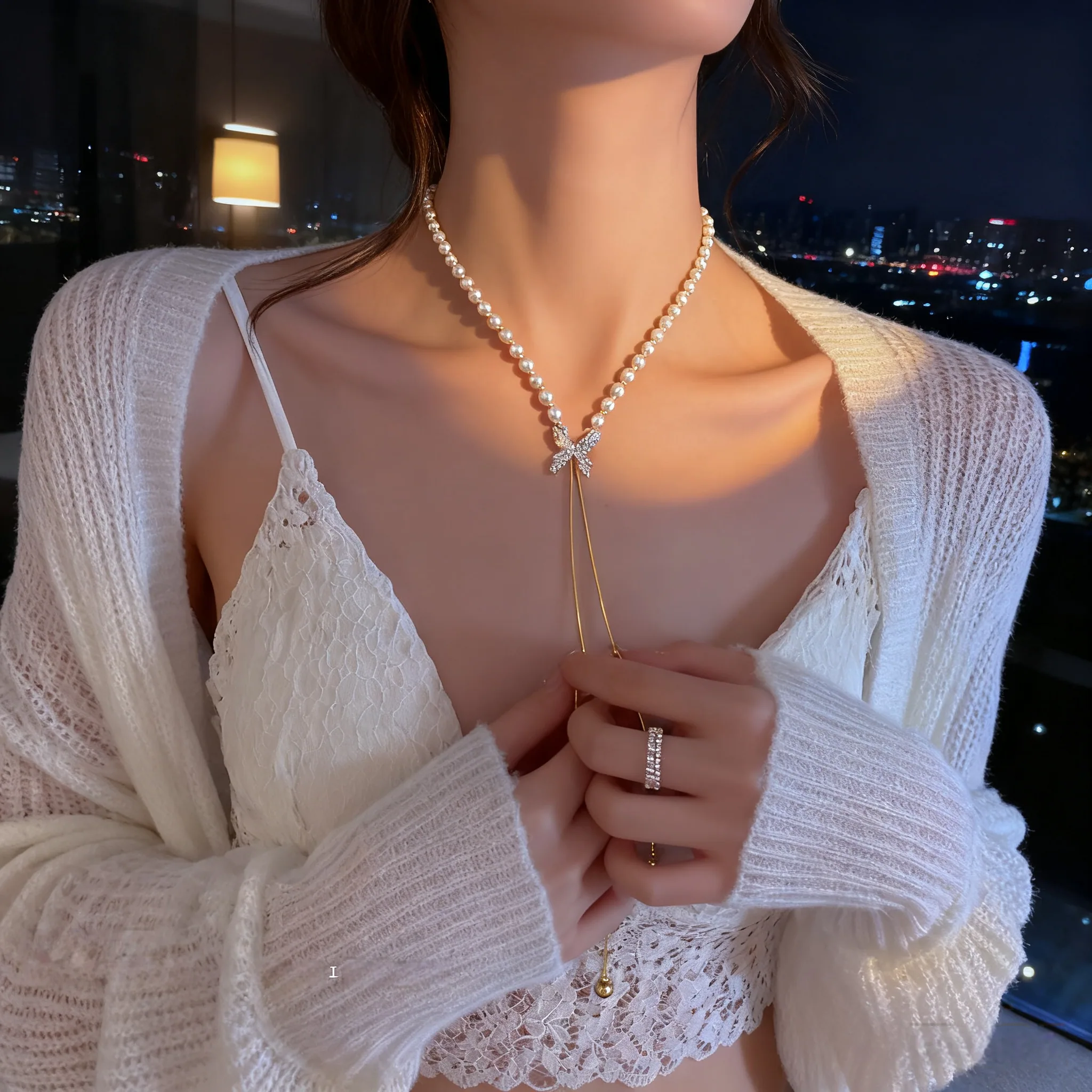 Exquisite Pearl Lariat Necklace Statement Jewelry for Women Evening Party Wear with Rhinestone Cross Adjustable Tassel Elegant view 2
