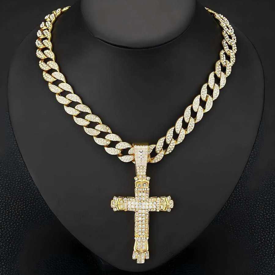Men's Hip Hop Iced Out Cross Pendant Necklace Cuban Link Chain Bling Rhinestone Crystal Gold Plated Alloy Jewelry Fashion view 2