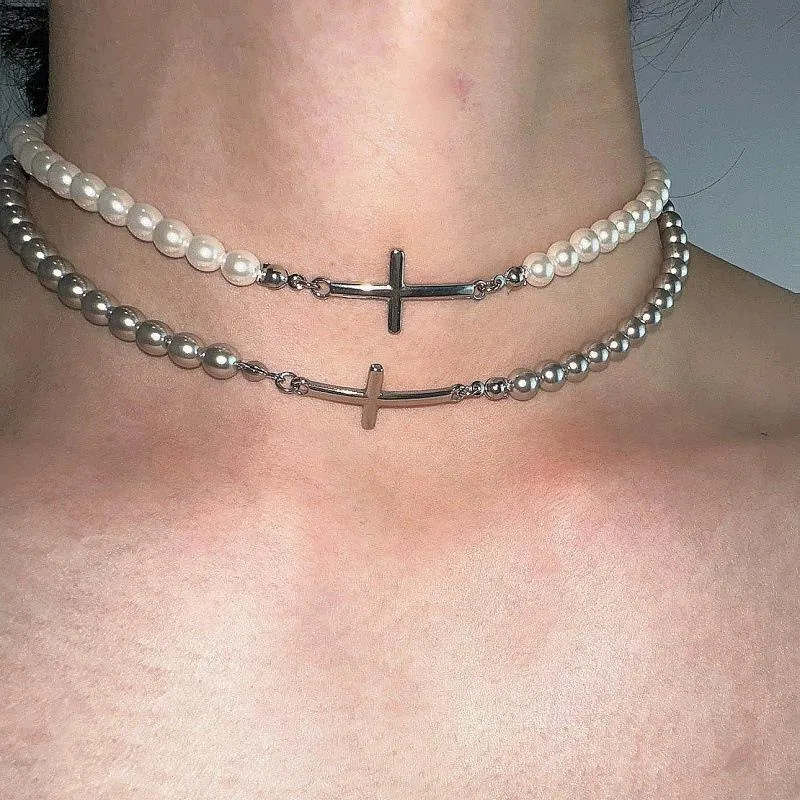 High-quality Fashion Exquisite Jewelry Pearl Beaded Cross Choker Necklaces Fancy Jewellery for Ladies Women Unisex view 3