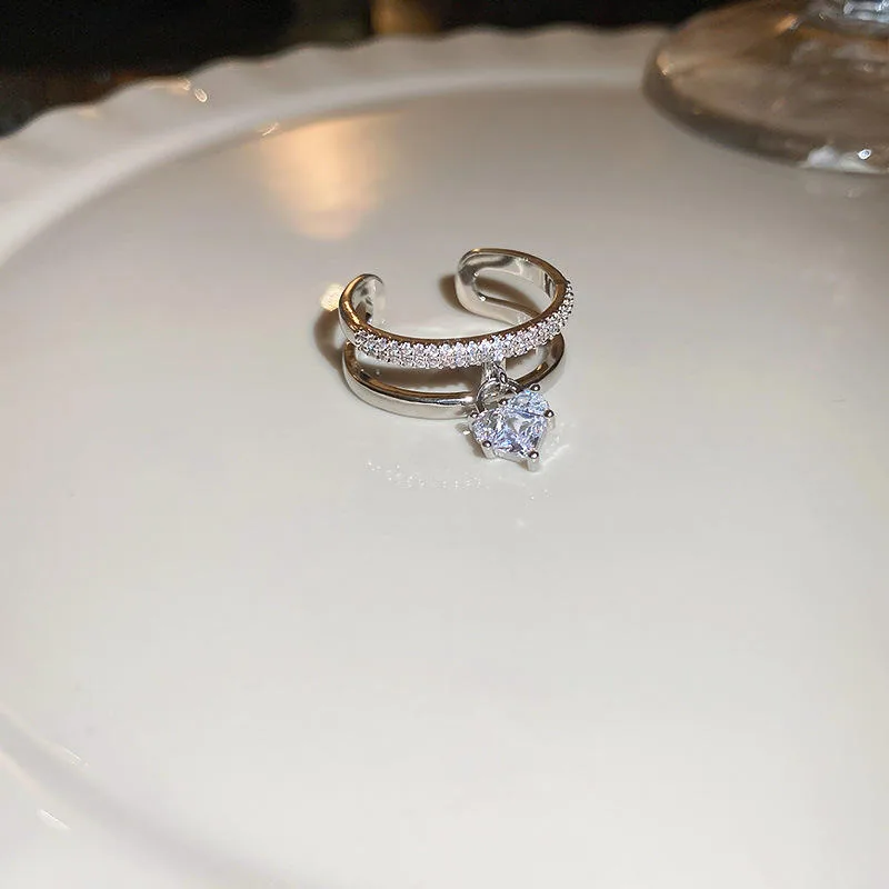Wholesale Women's Fashion Jewelry Heart Pendant Zircon Diamond Rings Dainty Silver Plated Open Rings for Wedding Engagement view 2