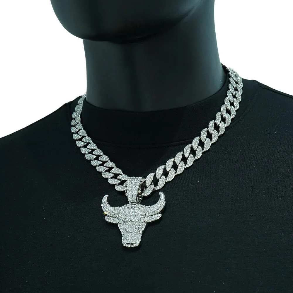 Hip Hop Bull Head Pendant Cuban Chain Necklace Bling Rhinestone Gold Plated Alloy Jewelry Men Fashion Streetwear Accessory