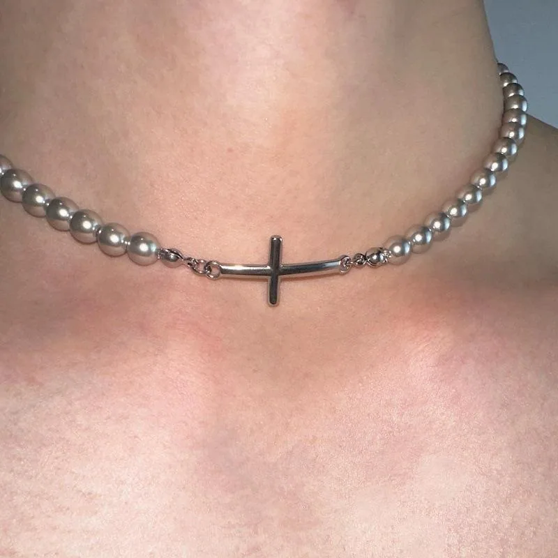 High-quality Fashion Exquisite Jewelry Pearl Beaded Cross Choker Necklaces Fancy Jewellery for Ladies Women Unisex view 2