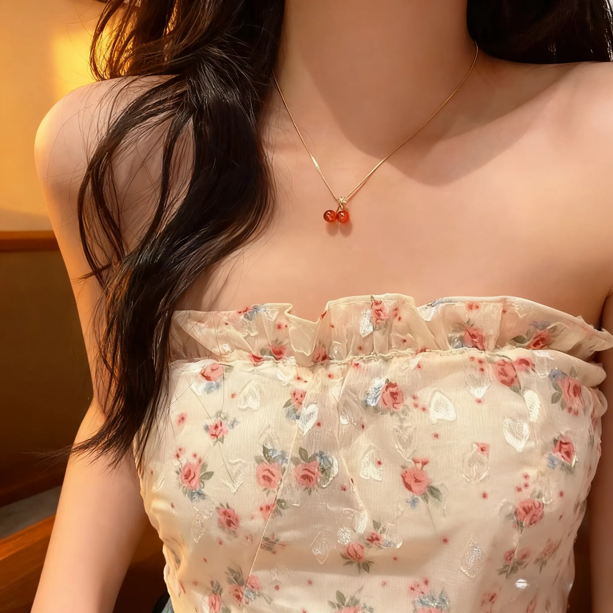 Cute Cherry Pendant Necklace for Women Delicate Gold Chain Choker Sweet Stylish Jewelry Perfect Daily Fancy Jewellery for Ladies