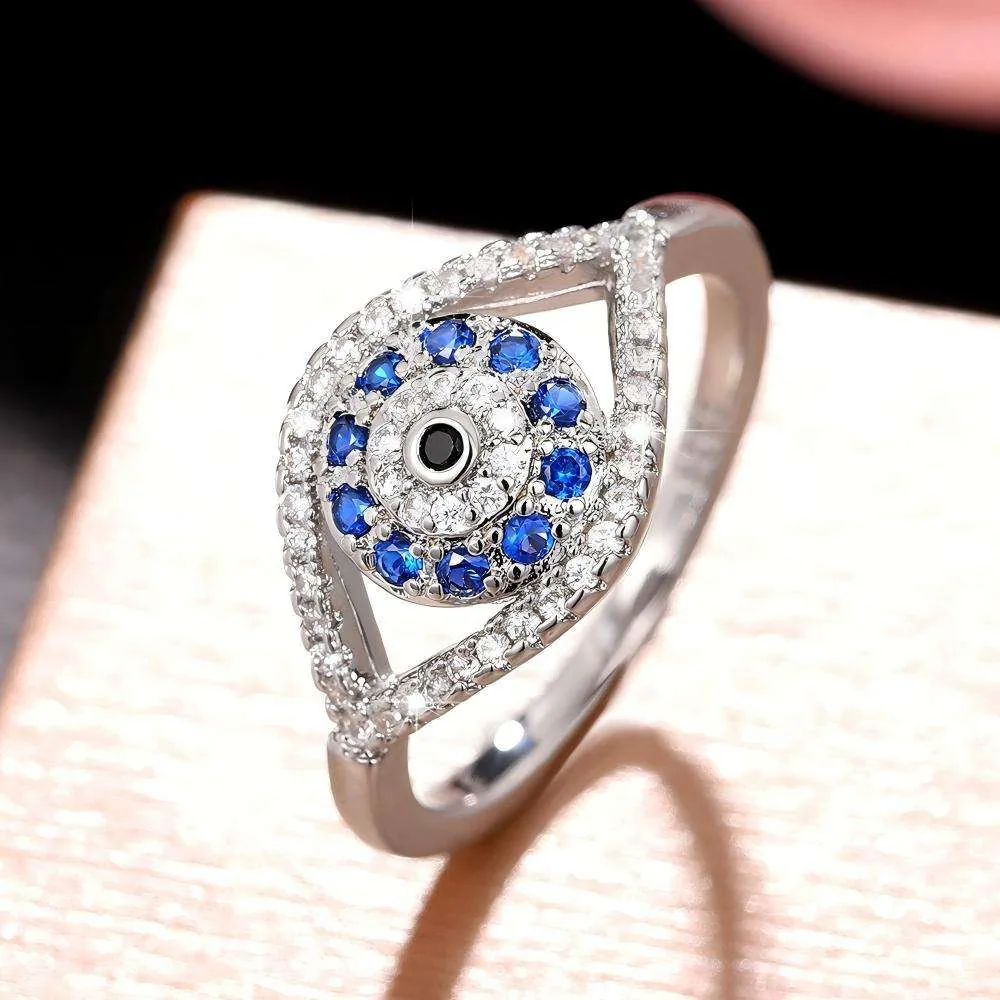 Hot-selling Exquisite Luxury Shining Blue shaped Zircon Inlaid Temperament Female Band Indelible Gold Copper Alloy Ring