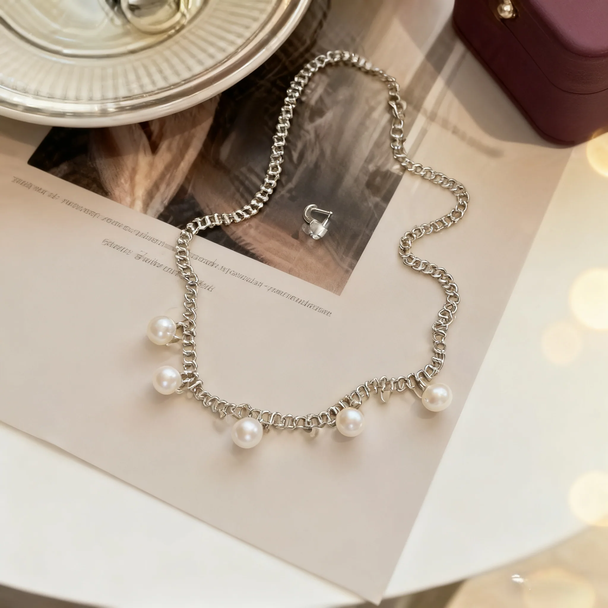 Silver Chain Choker Necklace with Pearls Vintage Inspired Elegant Statement Jewelry for Women Party and Daily Wear view 2