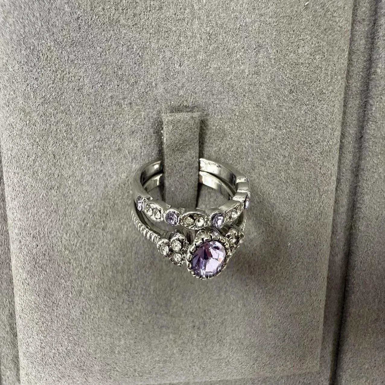 Vintage Exquisite Shiny Double-layer Stacked Purple Blue-green Zircon Inlaid Indelible Copper Silver Rings for Women Men view 2