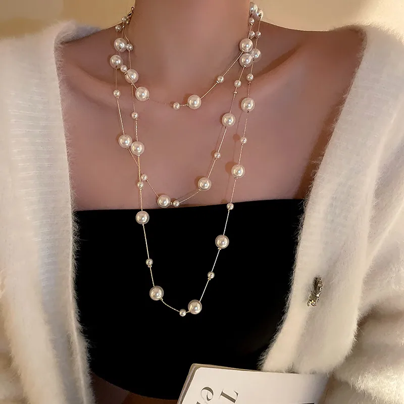 Wholesale Gold Plated Imitation Pearl Long Necklace Copper Multi Strand Layered Wedding Elegant Trendy Bridal Jewelry for Women view 3
