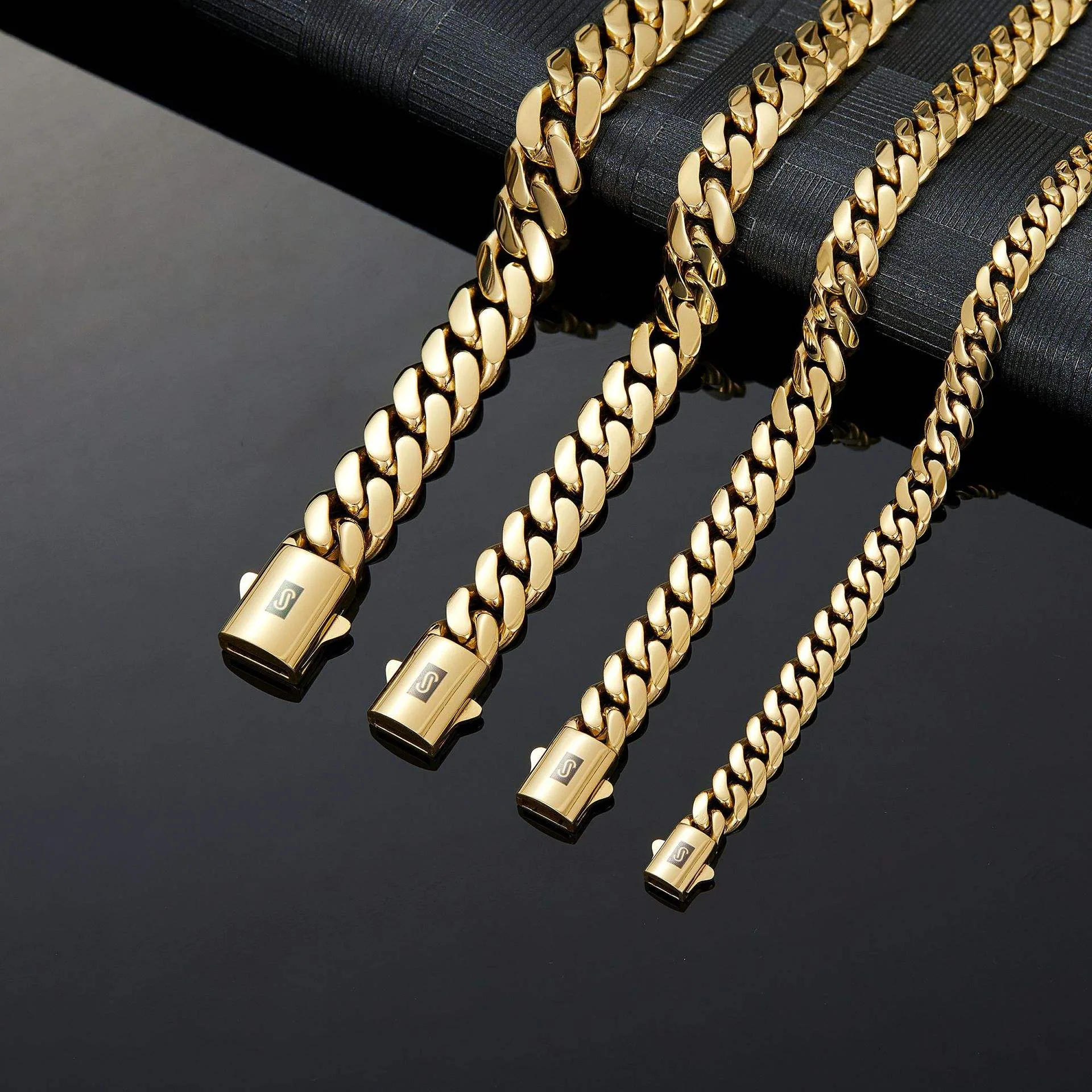 Wholesale14K Gold Plated Stainless Steel Cuban Link Chain Necklace for Men Miami Hip Hop Chunky Mens Necklaces 6-14mm Gift view 3