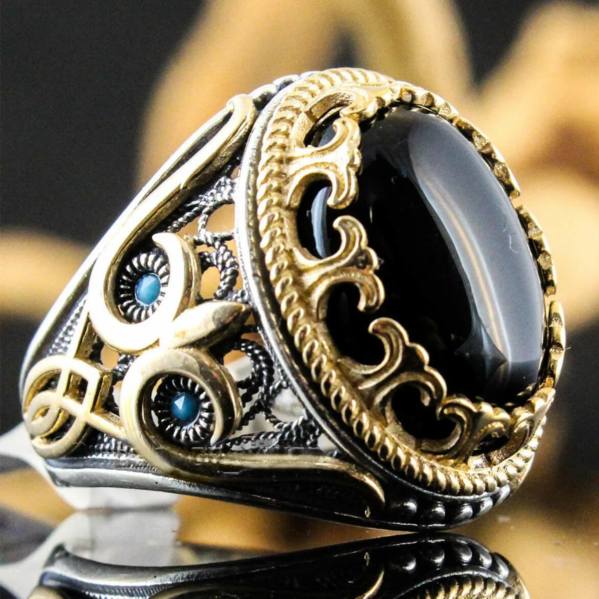 Custom Vintage Electroplating Extra-large Gemstone Ring Classic Luxury Retro Islamic Rings Fashion Fine Jewelry for Men Gift