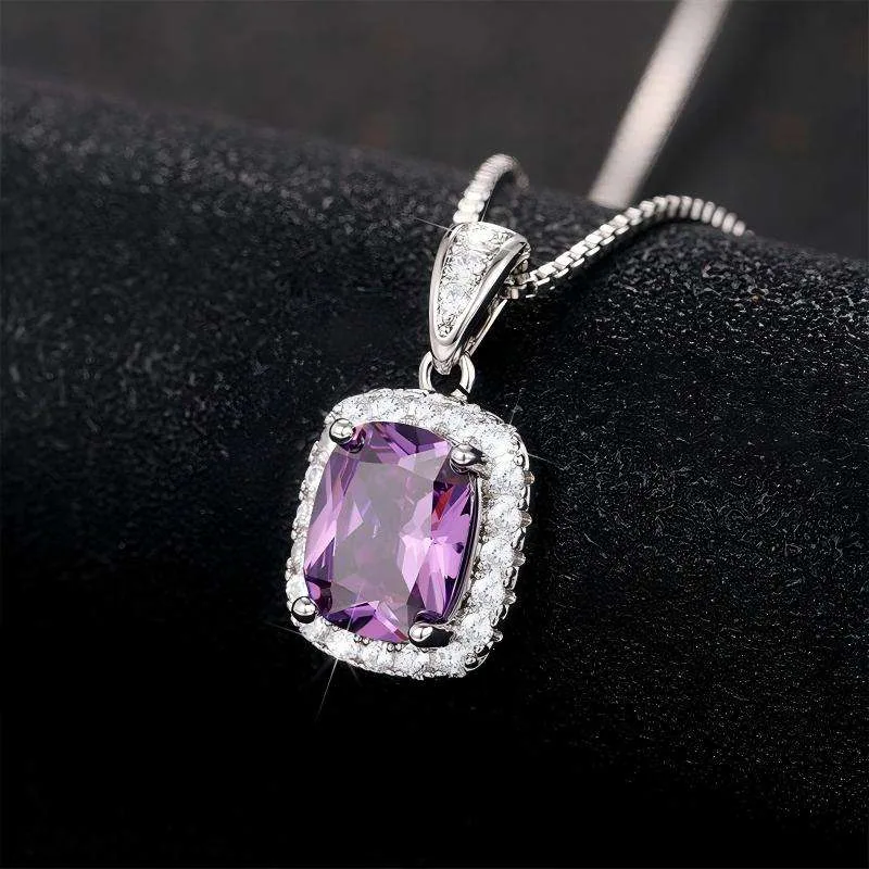 Hot-Selling Exquisite Multi-color Diamond-encrusted Copper Alloy Temperament with Cuban Chain Silver Square Pendant Necklace view 2