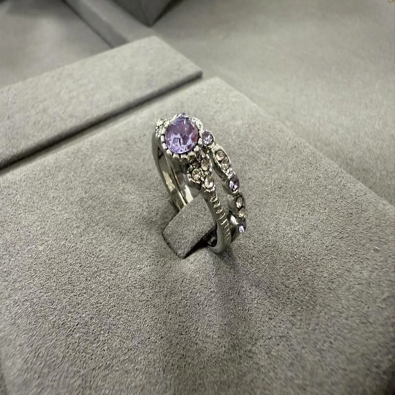 Vintage Exquisite Shiny Double-layer Stacked Purple Blue-green Zircon Inlaid Indelible Copper Silver Rings for Women Men