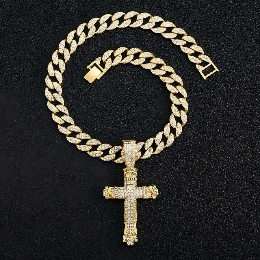 Men's Hip Hop Iced Out Cross Pendant Necklace Cuban Link Chain Bling Rhinestone Crystal Gold Plated Alloy Jewelry Fashion view 3