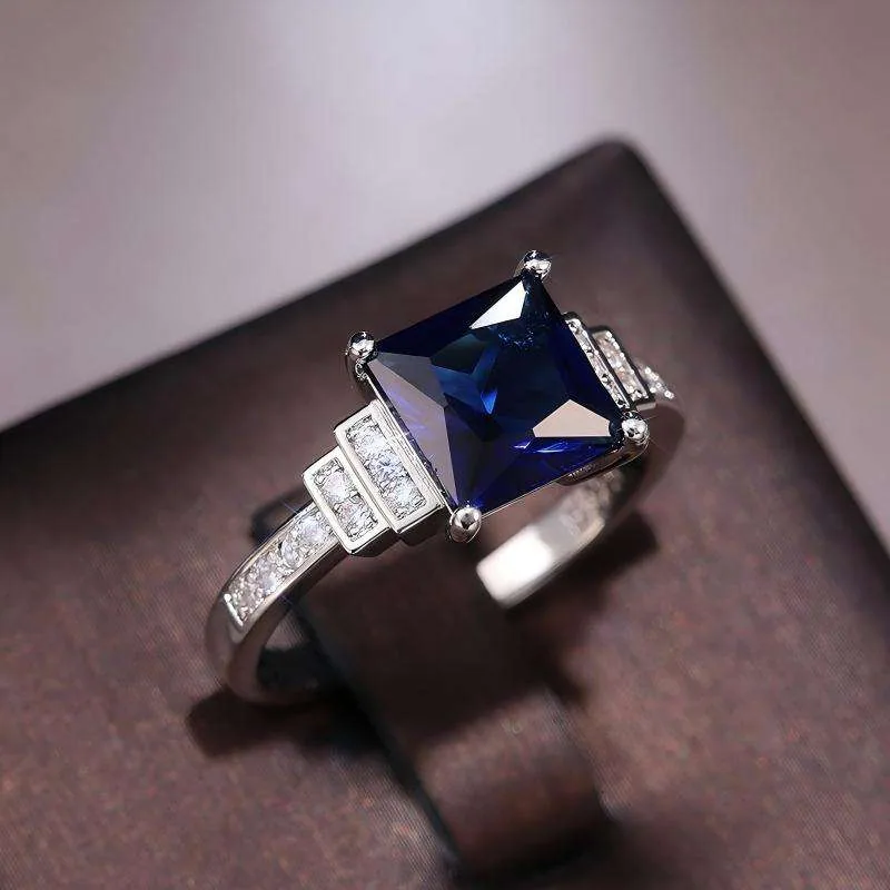 Factory Wholesale Fashion Exquisite square Blue Zircon Inlaid Vintage Alloy Ring for Men Women Fine Jewelry Couple Wedding Rings view 3