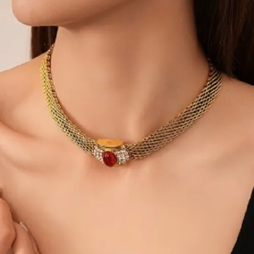 Hot Retro Red Oval Diamond-encrusted Copper Alloy Woven Mesh Chain Temperament Women with Cuban Chain Gold Clavicle Necklace