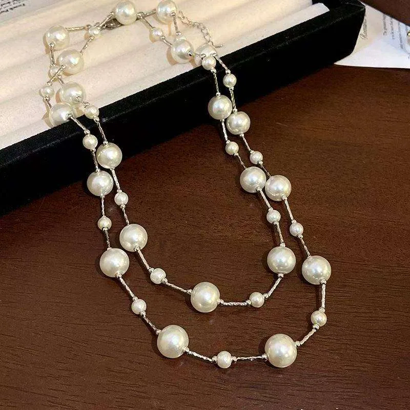 Wholesale Women Elegant Long Necklaces Imitation Pearl Iron Beaded Multilayer Stacked Necklaces for Bridal Wedding Gift Jewelry