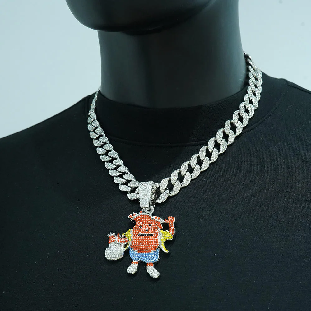 Hip Hop Cartoon Character Pendant Cuban Chain Necklace Dazzling Crystal-Inlaid Jewelry for Men Fashion Streetwear Accessory