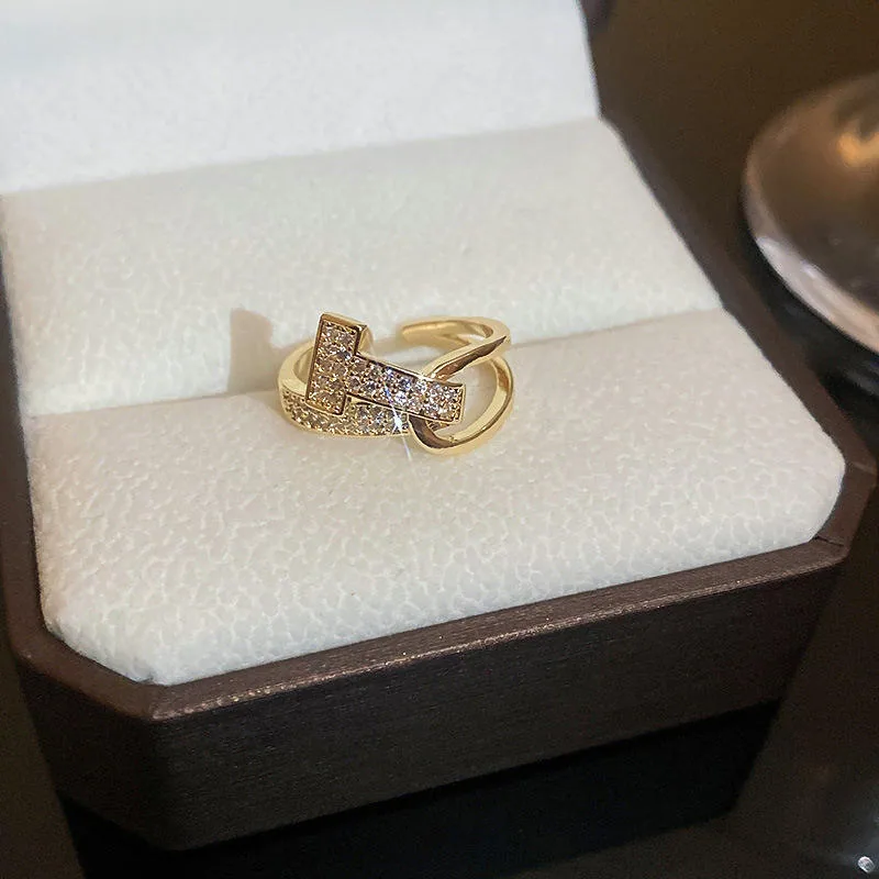 Fashion Custom Design Jewelry Cubic Zirconia Rings Dainty Gold Plated T-shaped Opening Adjustable Rings for Girls view 2