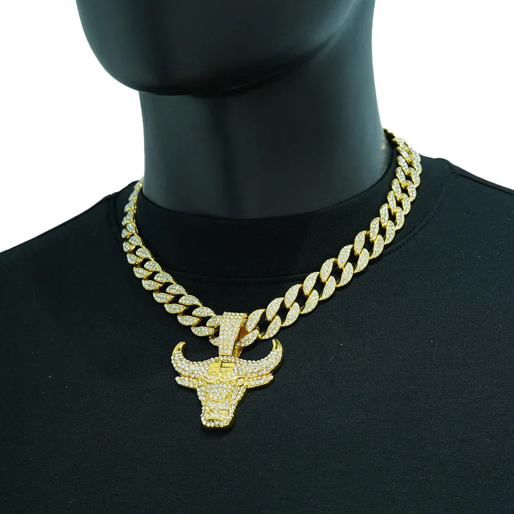 Hip Hop Bull Head Pendant Cuban Chain Necklace Bling Rhinestone Gold Plated Alloy Jewelry Men Fashion Streetwear Accessory view 2