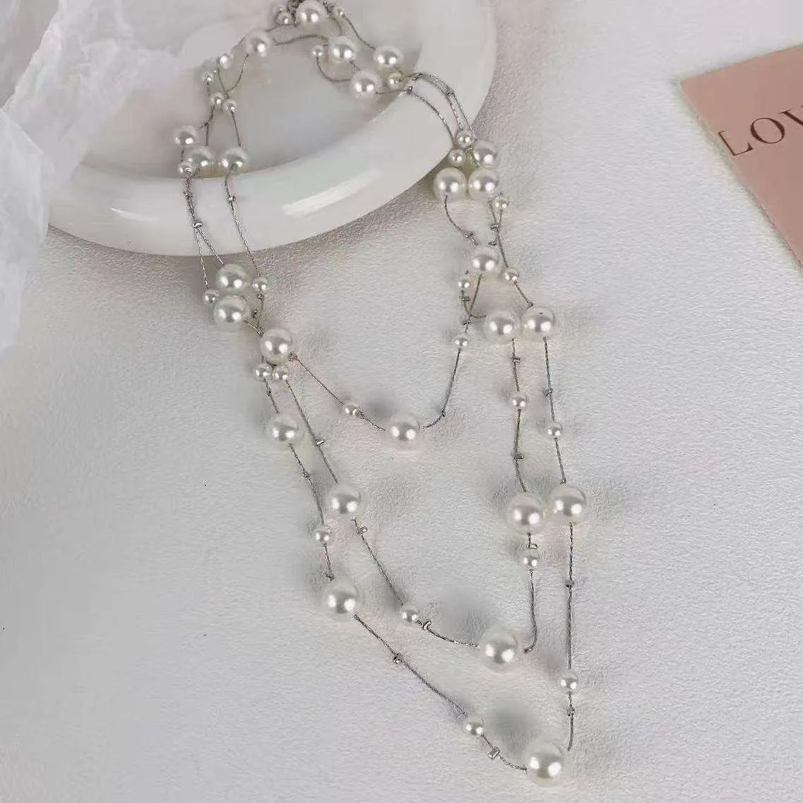 Wholesale Women Elegant Long Necklaces Imitation Pearl Iron Beaded Multilayer Stacked Necklaces for Bridal Wedding Gift Jewelry view 3