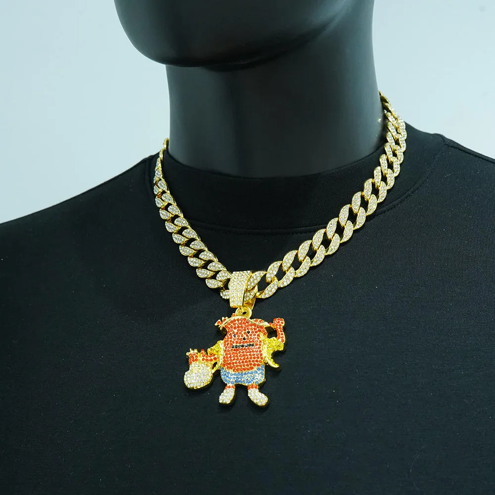 Hip Hop Cartoon Character Pendant Cuban Chain Necklace Dazzling Crystal-Inlaid Jewelry for Men Fashion Streetwear Accessory view 2