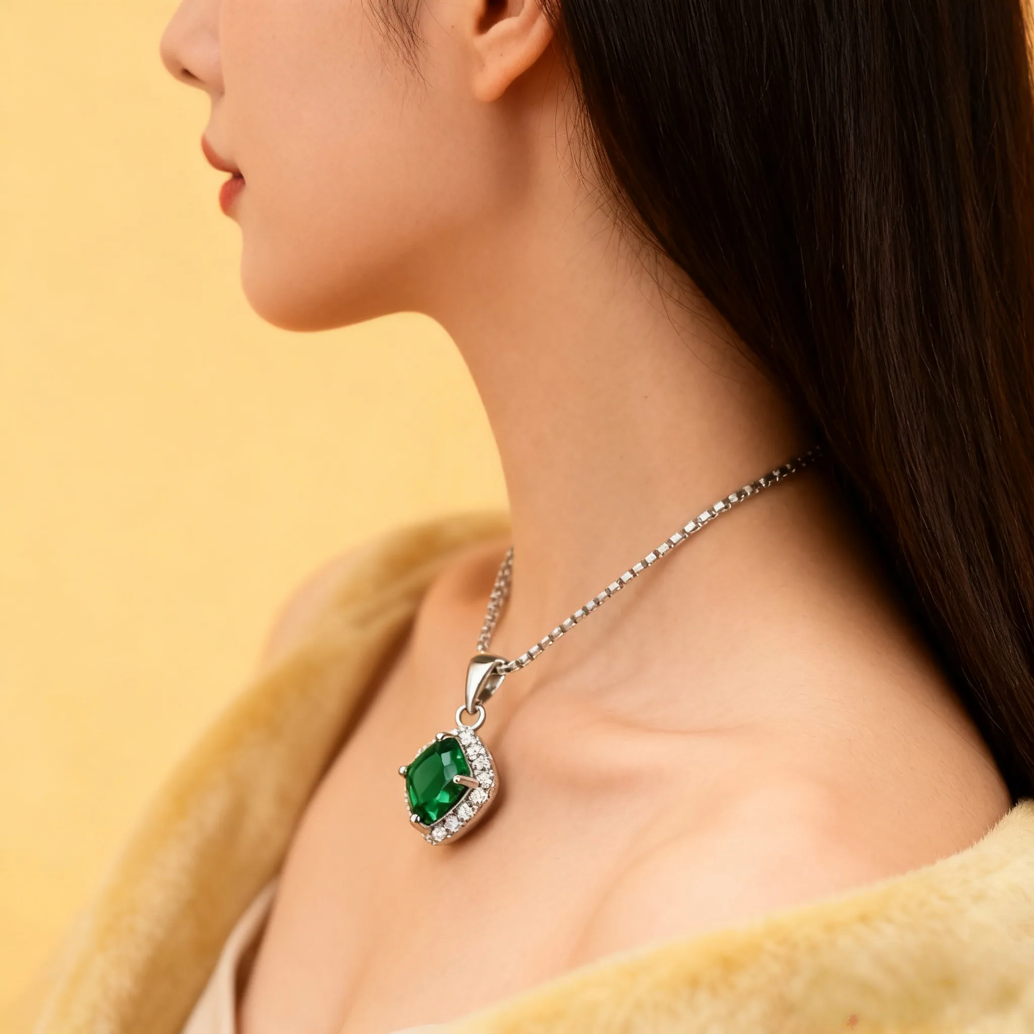 Exquisite Women Necklace Square Emerald Pendant Sparkling Cubic Zirconia Surround Elegant Silver Plated Chain Party Daily Wear view 2