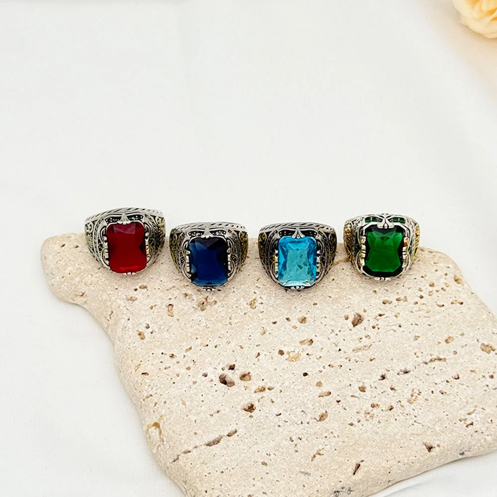 Custom Arabic Retro Vintage Fashion Punk Blue Zircon Alloy Rings Gemstone Designer Hip Hop Rings for Men Classic Jewelry