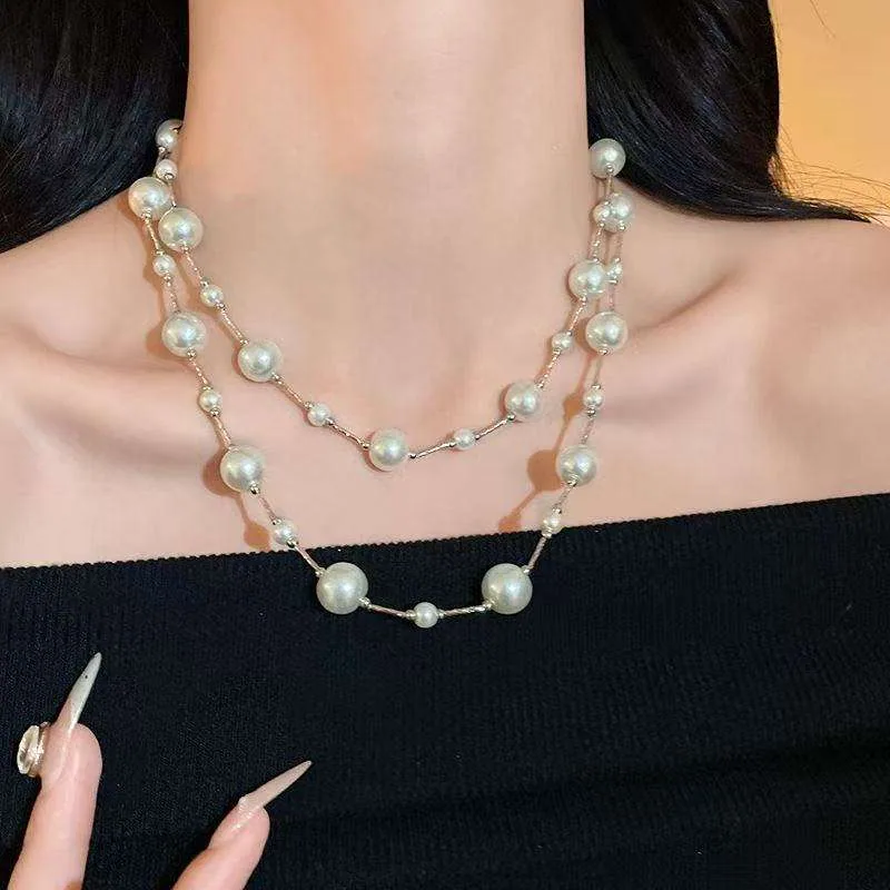 Wholesale Women Elegant Long Necklaces Imitation Pearl Iron Beaded Multilayer Stacked Necklaces for Bridal Wedding Gift Jewelry view 2
