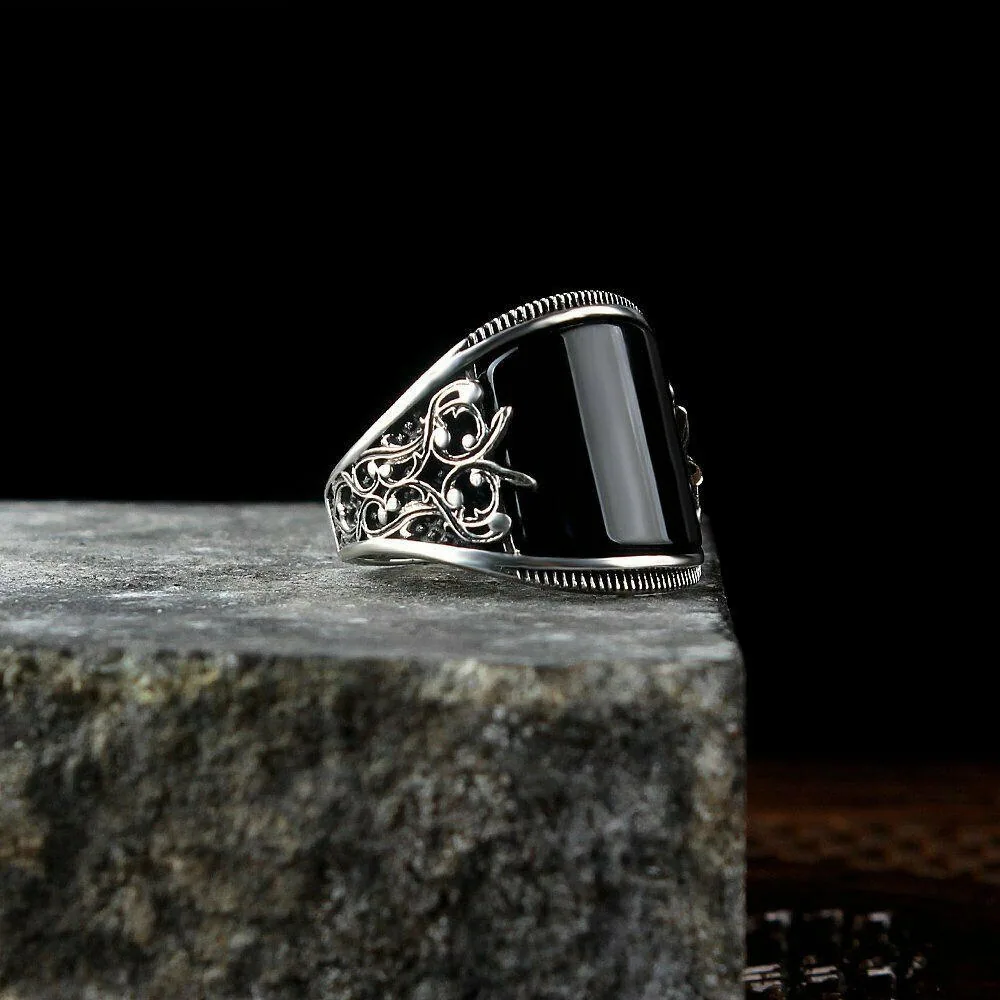 Wholesale Custom Designer Luxury Obsidian Hip Hop Gemstone Rings Vintage Jewelry Islamic Turkish Black Punk Rings for Men Gift view 3