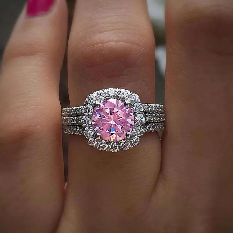 Hot-selling Exquisite Luxury pink Zircon Inlaid Ring Shiny Temperament Women Indelible Copper Silver Fashion Rings for Girls view 2