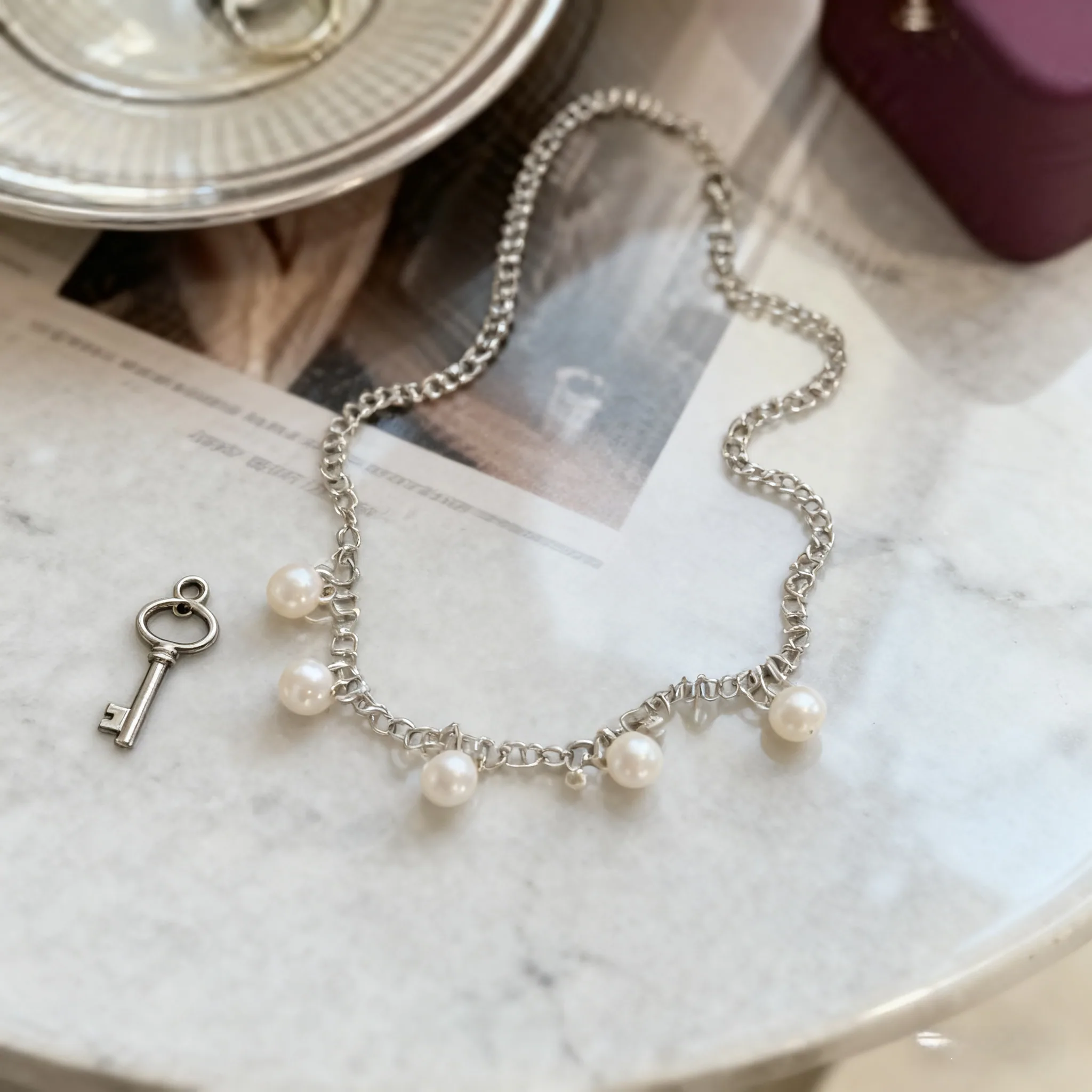 Silver Chain Choker Necklace with Pearls Vintage Inspired Elegant Statement Jewelry for Women Party and Daily Wear view 3