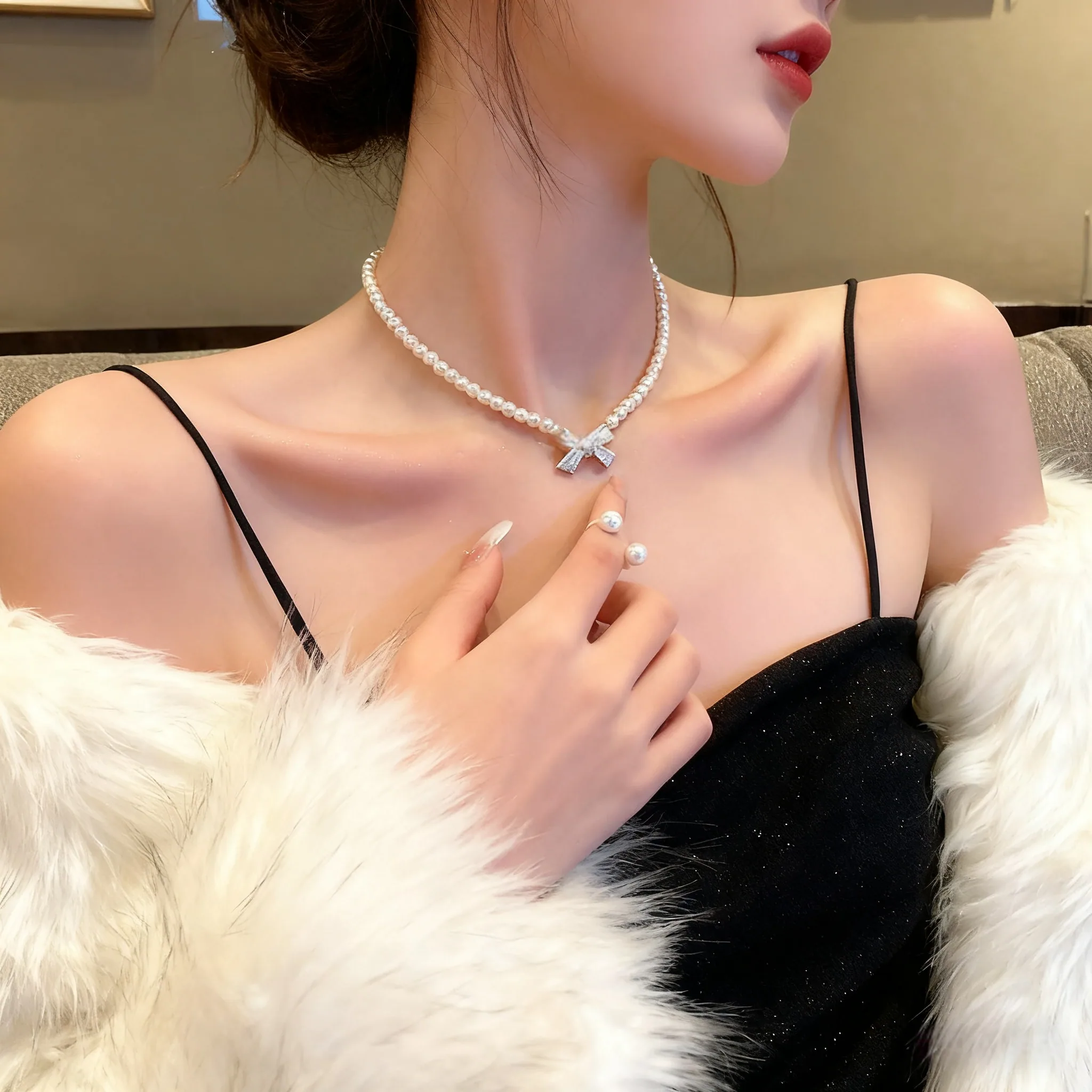 Women Pearl Choker Necklace with Rhinestone Bowknot Elegant Sweet Sparkling Collarbone Chain for Daily Party Dating Perfect Gift view 2