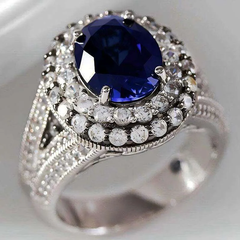 Exquisite Luxury Double-decker Crossed Shiny Oval Blue Zircon Inlaid Temperament Women with Indelible Copper Alloy Silver Rings