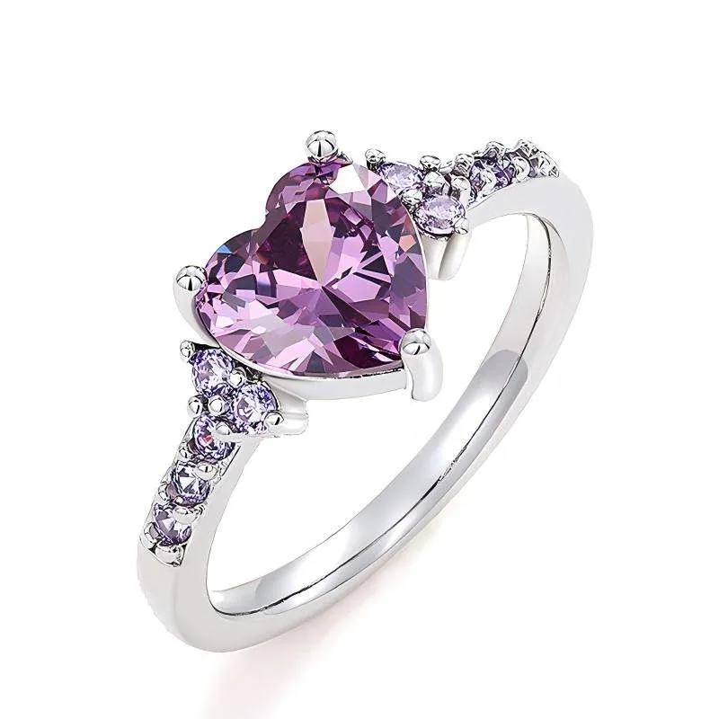 Exquisite Luxury Heart-shaped Cut Purple Blue Zircon Inlaid with Shiny Temperament Women with Indelible Copper Alloy Color Rings