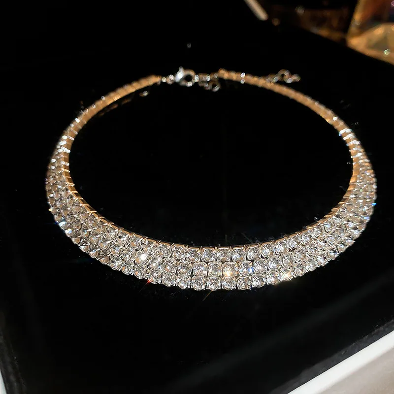 Luxury Rhinestone Choker Necklace for Women 3 Row Pave Collar Tone Wedding Bridal Prom Party Statement Jewelry Joias De Luxo
