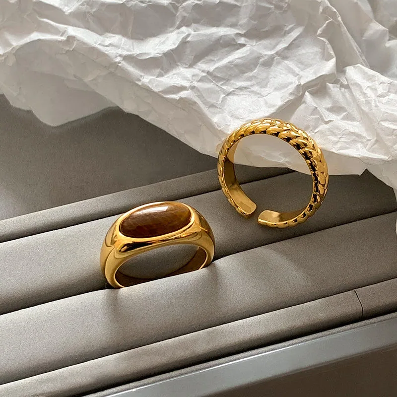 Customizable French Retro Geometric Tiger Eye Gold Plated Copper Material Wedding Fine Jewelry Rings for Girls Women Party Gift