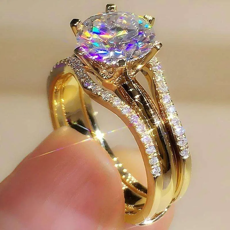 Custom Luxury Shining Diamond Zircon Rings Gold Plated Alloy Wedding Women Men Fashion Fine Jewelry Rings view 2