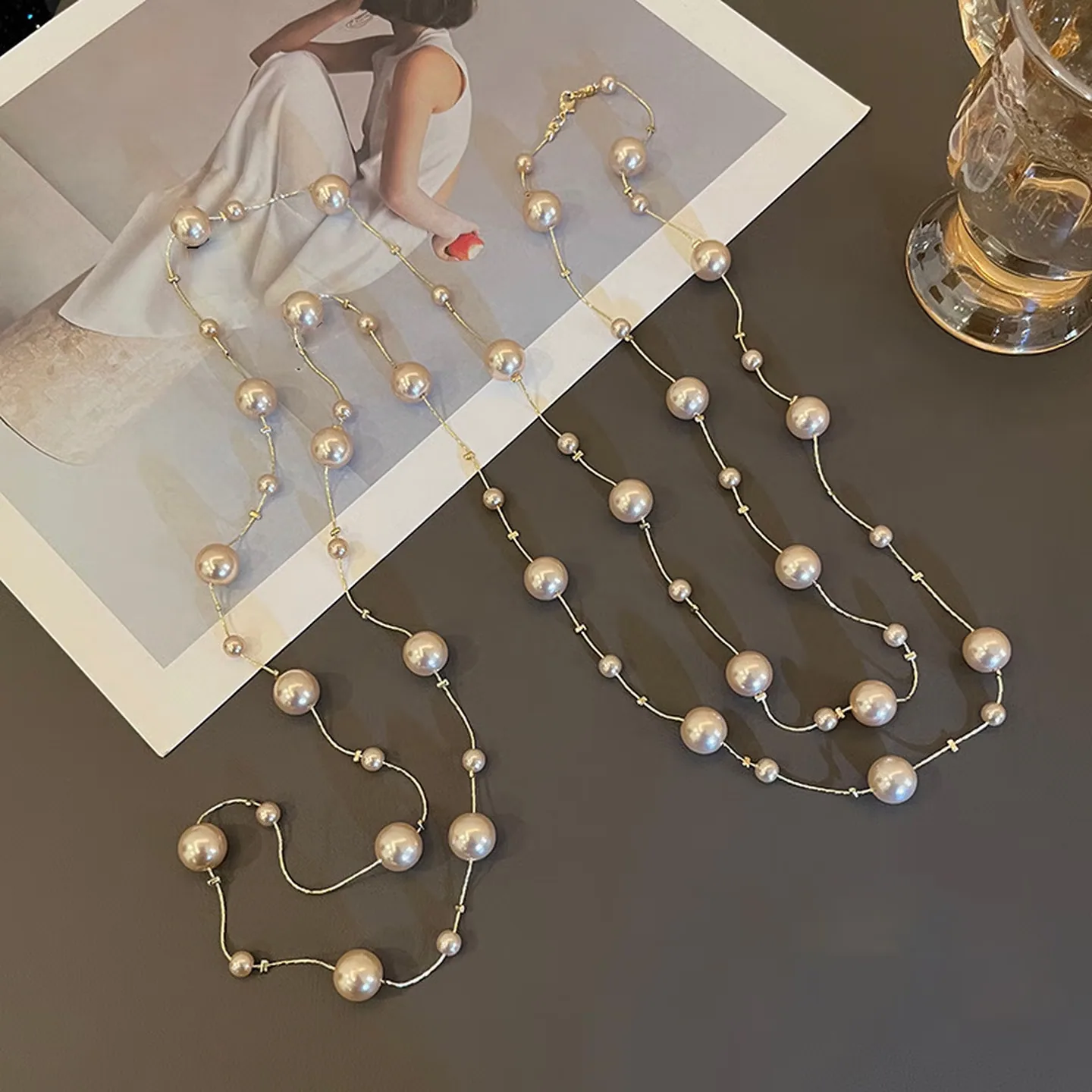Wholesale Gold Plated Imitation Pearl Long Necklace Copper Multi Strand Layered Wedding Elegant Trendy Bridal Jewelry for Women view 2