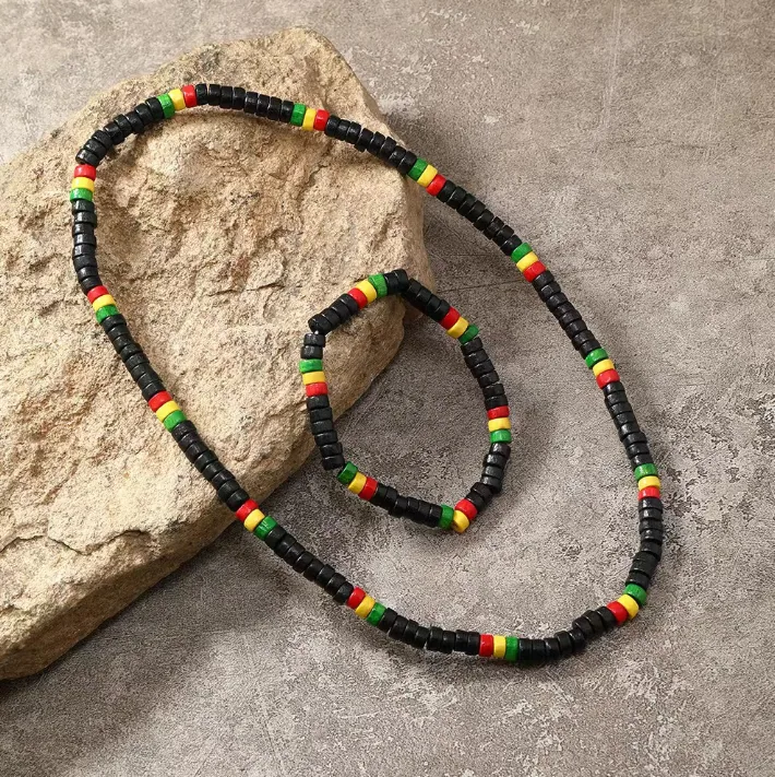 Wholesale Reggae Colorful Wood Bead Stretch Jewelry Set Necklace Bracelet No Pendant Women MOQ 6 Sets Bulk Supply