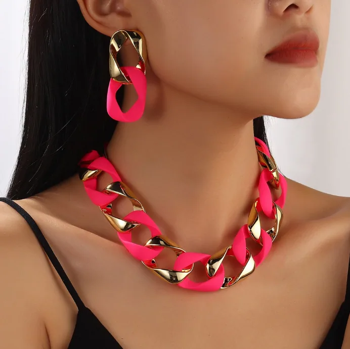 Wholesale Fluorescent CCB Resin Twist Link Jewelry Set Chunky Chain Necklace Drop Earrings Women MOQ 6 Sets Bulk Supply view 2