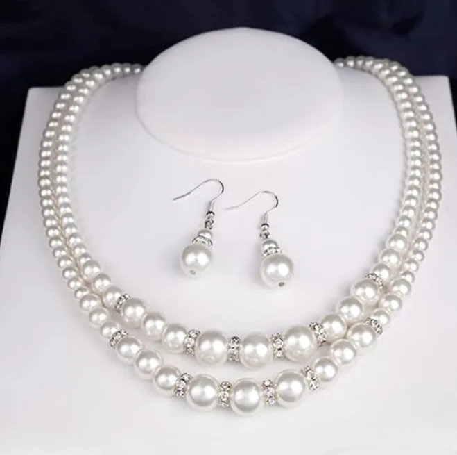 Double Layer Faux Pearl Jewelry Set Rhinestone Hook Drop Earrings Bridal Wedding Necklace for Women view 2