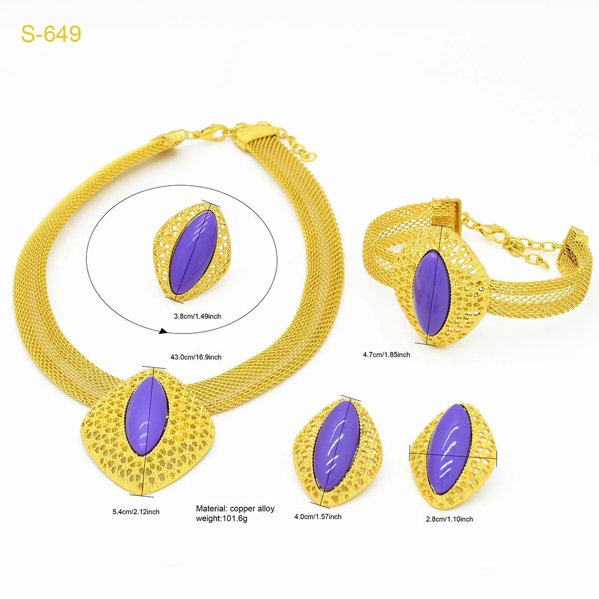 Luxury Gold Plated Purple Gemstones Necklaces for Women Set Earrings Ring Bracelet Elegant Wedding Party Fine Jewelry Rings view 3